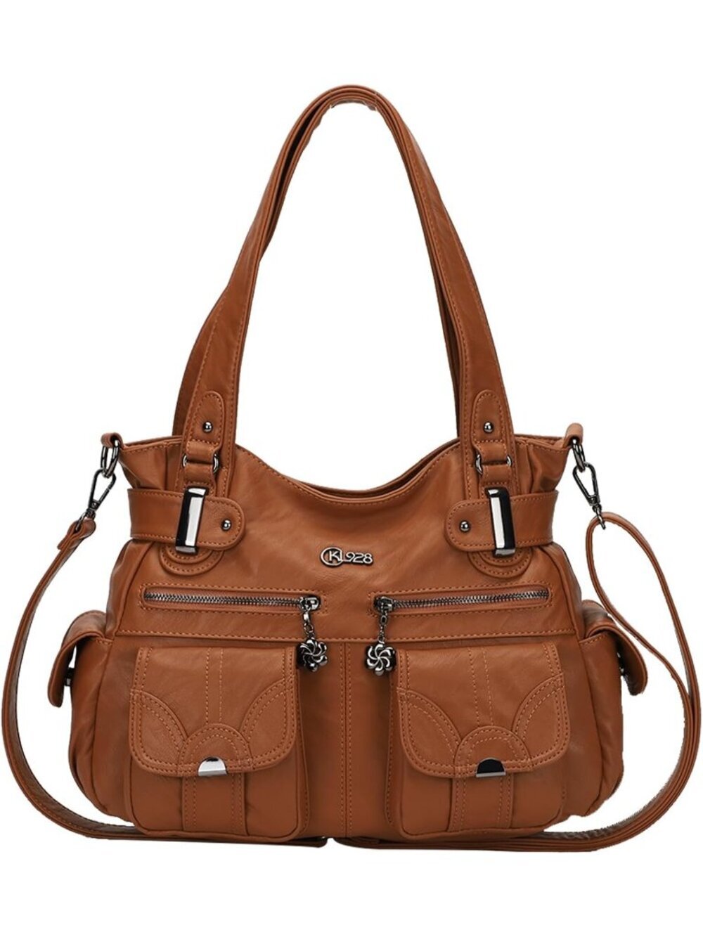 Women's Brown PU Leather Multi-Pocket Hobo Tote Handbag Shoulder Bag